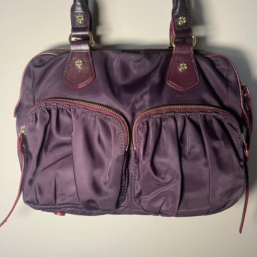 MZ Wallace Jane Satchel Bag Eggplant Plum Purple Nylon Leather Trim Designer‎